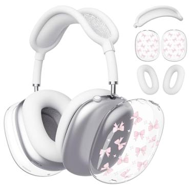 Imagem de BlHMCASE Capa de fone de ouvido para AirPods Max, lindo laço rosa transparente, capa de silicone branco para fones de ouvido para Apple AirPods Max