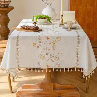 Imagem de KAIJIE Toalha de mesa retangular texturizada estilo rural toalha de mesa de algodão e linho bordado com decorações de borla para casa 100 x 160 cm