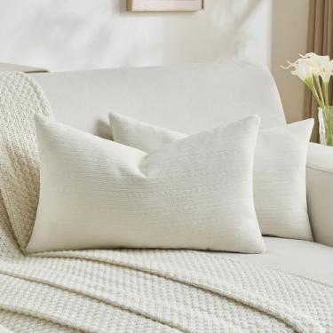 Imagem de FUTEI Conjunto de 2 capas de almofada decorativas brancas creme, 30 x 50 cm, estampa listrada de orelha de trigo macia, decoração de casa moderna para sofá-cama, sala de estar