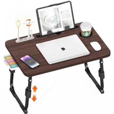 Imagem de DECOSIS Mesa de laptop para cama ajustável em altura, mesa de colo com USB/gaveta de armazenamento/suporte de copo/suporte de tablet/prateleira de livros, bandeja de café da manhã dobrável portátil