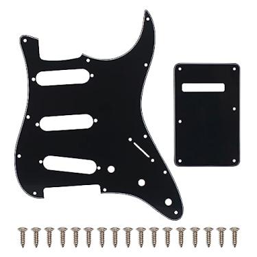 Imagem de SAPHUE SSS Conjunto de 11 furos para guitarra elétrica Strat Pickguard e placa traseira para Fender EUA/México, peças de guitarra estilo moderno Stratocaster (3 camadas preta)