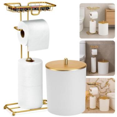 Imagem de Kit Porta Papel 3 Rolos Apoio Celular Lixeira Redonda 5 Litros Branco 