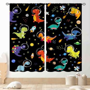 Imagem de Cortinas blackout de dinossauro, meninos, crianças, desenhos animados, galáxia, planetas, universo, engraçado, dinossauro, safári, animais, cortina de janela colorida para quarto de bebê, sala de