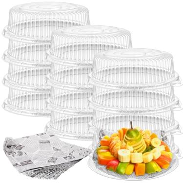 Imagem de Tessco for you Conjunto de 12 bandejas de plástico resistente repetidamente com tampa e 24 peças de folhas de papel encerado, grandes pratos de festa com tampas transparentes, bandejas redondas