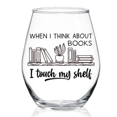 Imagem de WUUCKOO When I Think About Books I Touch My Shelf Taça de vinho sem haste, presentes engraçados para clube do livro, taça de vinho exclusiva para leitores, amantes, presentes de aniversário de