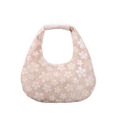 Imagem de QWINEE Bolsa feminina floral bordada crescente de lantejoulas Y2k com zíper e alça superior para festa de casamento, Caqui, One Size