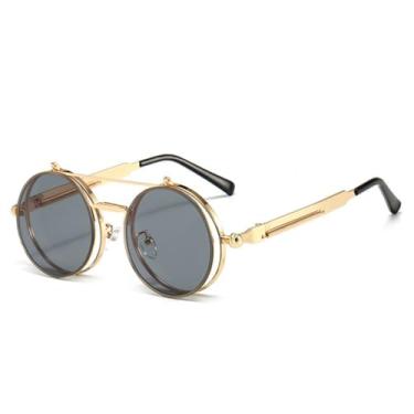 Imagem de Óculos de sol Steampunk Flip Retro Redondo Armação de Metal Dupla Trave (Cinza Dourado)