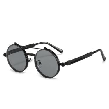 Imagem de Óculos de sol Steampunk Flip Retro Redondo Armação de Metal Dupla Trave (Preto Cinza)