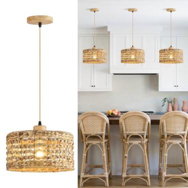 Imagem de QianZhan Luminária pendente tecida à mão, 30 cm Boho 1 luz natural em vime pendurado no teto, cesta costeira, candelabro de vime Durm, lâmpada para cozinha, ilha, sala de estar, sala de jantar
