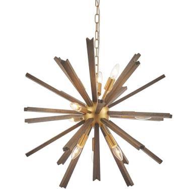 Imagem de Lustre Sputnik de madeira com 9 luzes para entrada, luminária dourada para sala de jantar, luminária pendente de fazenda para quarto, cozinha, foyer e sala de estar