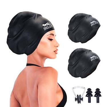 Imagem de BRDLOCK Touca de natação grande para mulheres touca de natação para tranças dreadlocks cabelo longo Locs 100% silicone impermeável touca de natação mantém seu cabelo seco (grande, preto, preto)