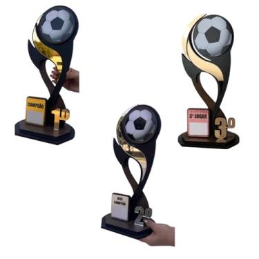 Imagem de Kit Troféus Futebol Pódio completo 1º 2º 3º Lugar 35cm Mdf Acrílico com qualidade premium
