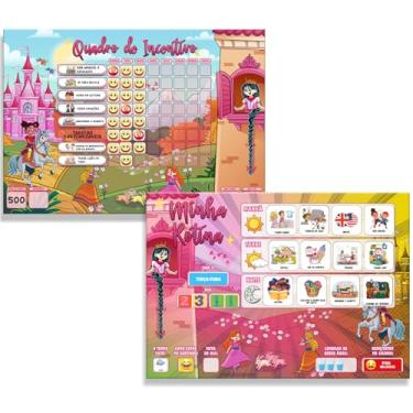 Imagem de Kit Quadro de Rotina Infantil + Quadro de Incentivo ao Bom Comportamento Recompensa 30x40 +1 Caneta e 200 tags quadro de Parede (Princesa)