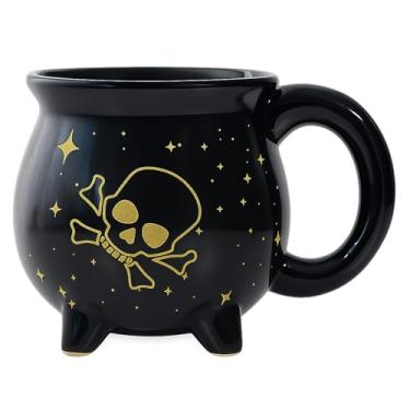 Imagem de J.Ehonace Caneca de café assustadora de Halloween - Caneca de cerâmica de 400 ml com design de caveira dourada, decoração festiva de Halloween e utensílios de bebida para festas