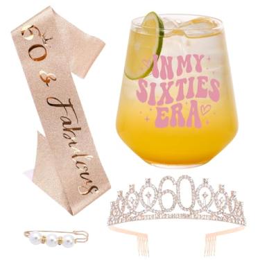 Imagem de TrophyToast Presentes de aniversário de 60 anos para mulheres - taça de vinho In My 60s Era, decoração de aniversário de 60 anos para mulheres com faixa e coroa de ouro rosa, presentes de 60 anos para
