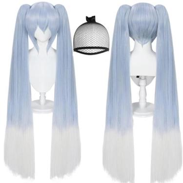 Imagem de Peruca de cosplay ANOGOL azul claro gradiente branca 120 cm com boné