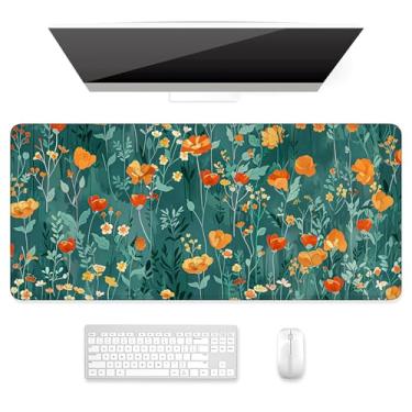 Imagem de Auhoahsil Tapete de mesa, mouse pad ultra grande, tapete de mouse para jogos XXL, lindo tapete de mesa grande estendido tamanho completo para teclado, laptop e computador, 90 x 40 cm, flores verdes