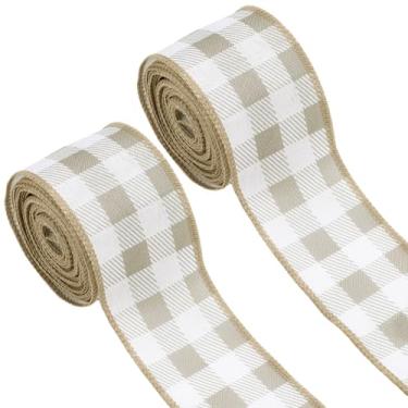 Imagem de GORGECRAFT Fita xadrez de serapilheira de juta de juta com fio xadrez de 13 metros com fio xadrez tecido guingão fita de artesanato para árvore de Natal arcos de embrulho de presente Rolos decorativos