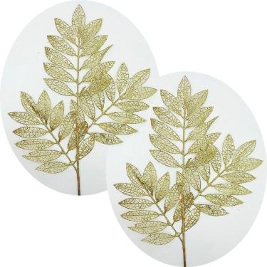 Imagem de Plantas Folhas Decoração Natal Gliter Dourado 75cm Kit 6pçs