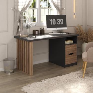 Imagem de Mesa Escrivaninha Florence com 2 Gavetas 1 Nicho Pés Ripados e Tampo em Tamburato 37mm - Artany Nogal com Preto