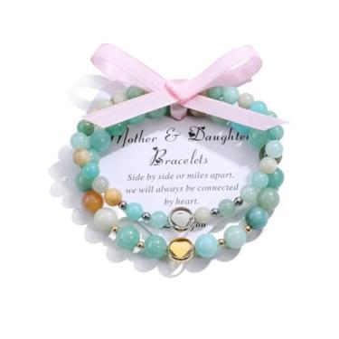 Imagem de Jovivi Pulseira de coração para mulheres, 2 peças, pulseiras de cristais de cura de 6 mm e 8 mm, pulseira com pingente de amor para mãe, filha, pedras naturais, pulseiras elásticas, presentes para o