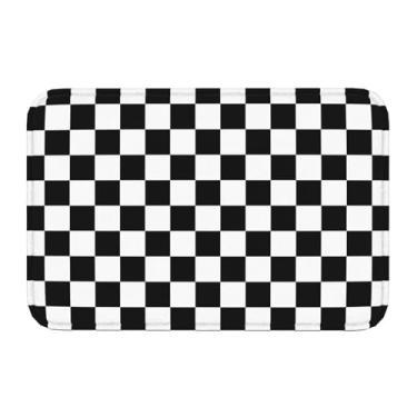 Imagem de Jbofyee Tapete de banheiro quadriculado preto e branco 61 x 40 cm antiderrapante microfibra macia tapete de banheiro lavável, tapete de entrada quadriculado decoração para banheira, chuveiro, chão