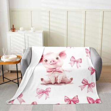 Imagem de Erosebridal Cobertor de porco fofo solteiro 152 x 203 cm com arco de desenho animado, decoração de quarto de casa, rosa, kawaii, laço, cobertor felpudo para crianças, meninas, adolescentes e mulheres
