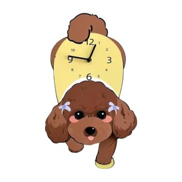 Imagem de predolo Relógio de parede adorável em formato de cachorro com arte de pêndulo, relógio portátil pendurado, silencioso para apartamento, presente de, Marrom