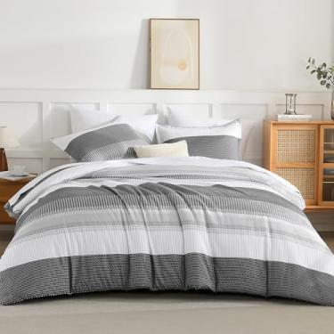 Imagem de Andency Conjunto de edredom California King cinza escuro - 7 peças, cinza, listrado, leve, em uma bolsa, microfibra macia reversível, jogo de cama com edredom, lençol de cima, fronhas e fronhas