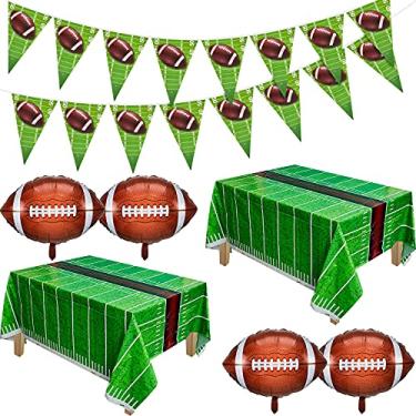 Imagem de Conjunto de 8 peças de toalhas de mesa descartáveis para festas de futebol americano, conjunto de balões de plástico, balões de festa de futebol americano, artigos de decoração de festa temáticos de futebol americano