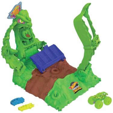 Imagem de Pista Monster Trucks Arena Smashers que Brilha no Escuro, Esacala 1:64 com 1 Caminhão Gunkster que Brilha no Escuro e 2 Carros, Hot Wheels