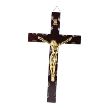 Imagem de IEUDNS Pingente de crucifixo de madeira para parede com cruz de Jesus, decoração de parede com cruz de madeira para escritório, Jesus Dourado 17.3x30cm