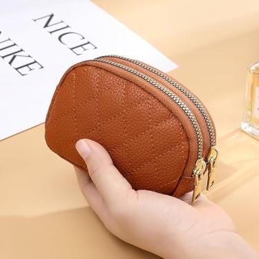 Imagem de Carteira feminina mini bolsa portátil com zíper, pequena carteira compacta de bolso, bolsa pequena para moedas, batom, cosméticos, cartões, chaves, marrom