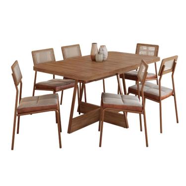 Imagem de Conjunto de Mesa Retangular com Tampo de MDP Nogal Átria e 6 Cadeiras Cadeiras Catarina Revestimento Sintético Caramelo