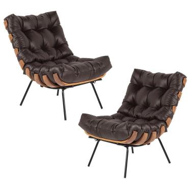 Imagem de Kit 2 Poltrona Sala de Estar Costela Couro Marrom Gran Belo