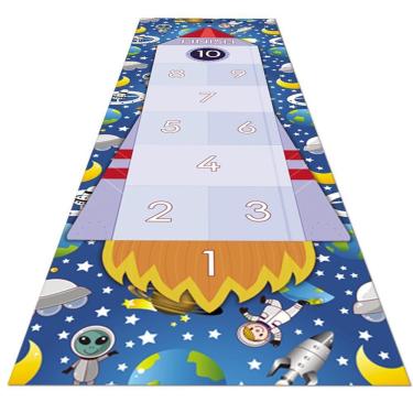 Imagem de Tapete Amarelinha Infantil Ilustrado Criança Lona Titulos Amarelinha Astronauta Foguete