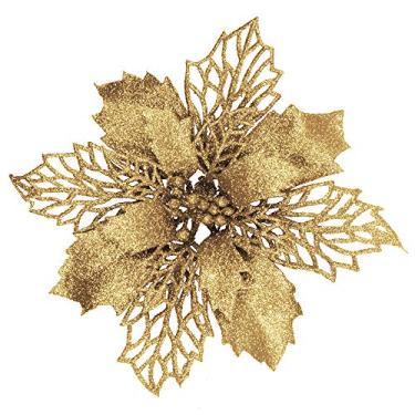 Imagem de 24 peças de Natal, ouro, brilhante, malha, folha de azevinho, poinsétia artificial, palitos de flores, enfeites de árvore, 15 cm de largura para guirlanda de árvore de Natal, guirlanda de ouro,