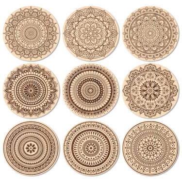 Imagem de ANATTASOUL Conjunto de 9 bases para copos, desenho de mandala, porta-copos de madeira coloridos, presente de inauguração de casa redonda a granel para casa nova, proteção de mesa de centro decorativa