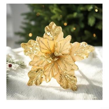 Imagem de Arranjo floral de poinsétia de Natal simulado com glitter, tecido e flor de plástico para mesa central, exibição de cornija ou decoração de árvore, variação de cor rosa