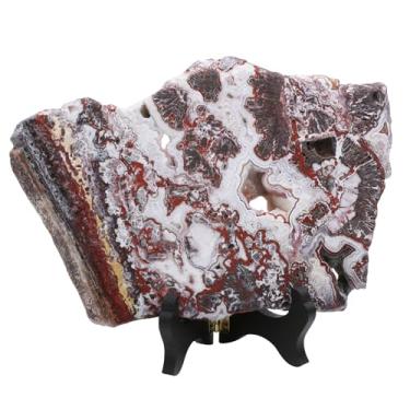 Imagem de mookaitedecor Espécime de laje de ágata mexicana natural com suporte de madeira, estatueta de pedra de ágata irregular para decoração de casa, 526-625 g
