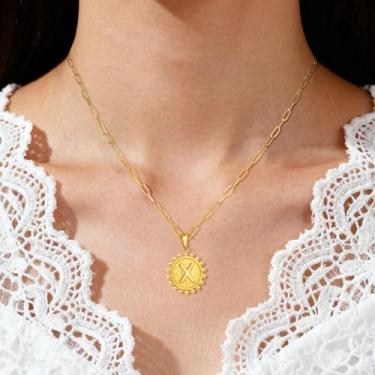 Imagem de Colar de letra A a Z para mulheres Boho Sunburst pingente de moeda com borda frisada alfabeto monograma corrente para camadas todos os dias, F, Aço inoxidável, Sem Pedra Preciosa