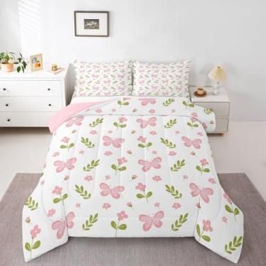 Imagem de jejeloiu Conjunto de cama de borboleta, macio, para meninos e meninas, estampa de borboletas, edredom de microfibra, floral, 2 peças com 1 fronha