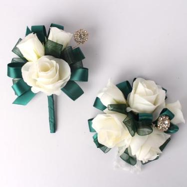 Imagem de JHCYULUO Conjunto de flores artificiais de corpete e flor na lapela rosa marfim para casamento, baile, noivo (verde e marfim)