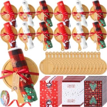 Imagem de Barydat 99 peças de tábua de corte de Natal, presentes a granel incluem 24 tábuas redondas de madeira para cortar pizza, 24 toalhas de presente de Natal (3 estilos) 50 etiquetas de Natal, 1 rolo de