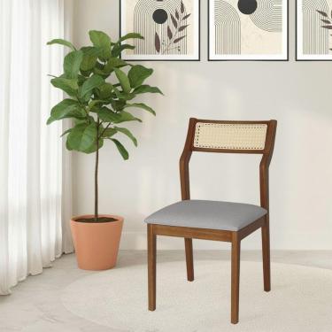 Imagem de Cadeira De Jantar Lagum Conforto Estofada Jequitibá Terra Linho Cinza E Corda Náutica