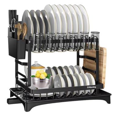Imagem de KLEMING| Escorredor de Louças com Design em 2 Níveis, Preto em Aço Carbono Inoxidável, Resistente a Ferrugem com Bandeja Drenagem automática, Moderno, Antiderrapante.