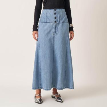 Imagem de Saia Jeans Pala E Botões Recortes Evase-Feminino