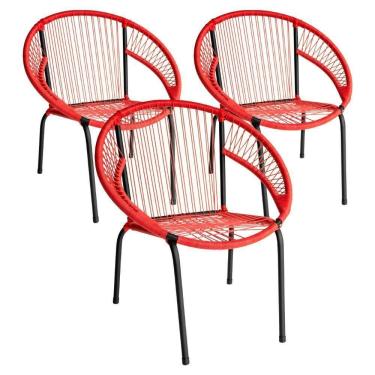Imagem de Kit 3 Cadeira De Área Eclipse Tramado Fibra Sintética E Aço Vermelho