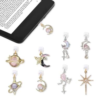 Imagem de Aposwow Pingente de plugue de poeira estrela lua - 8 peças rosa e roxo lua estrela plugue de poeira tipo C com Kindle e telefone USB C pingente de porta de carregamento para Kindle acessórios para