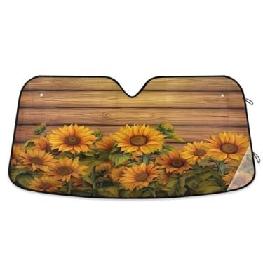 Imagem de ATTX Girassóis em tábua de madeira pára-brisa de carro 144.8 cm x 80.0 cm escudo solar universal com proteção UV, persiana de janela frontal automática dobrável para sedãs SUVs caminhões #385